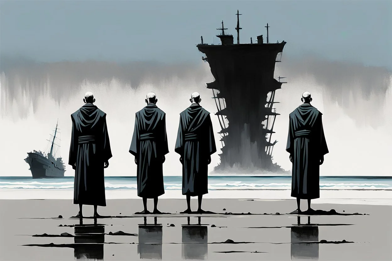 (((three)) long-legged lean determined black-grey monks with ((beak-shaped heads)) (wearing white khiton) standing in front of a shipwreck on a radioactive beach, front view, acrylic painting, minimal art, centered, wild sparse brushstrokes, amazing verticals, great parallels, low bleak colors of gray, blue and black, excellent negative space contrasts