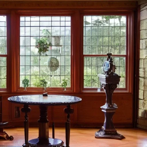 a living room with a table ,a grandfather clock , a big window