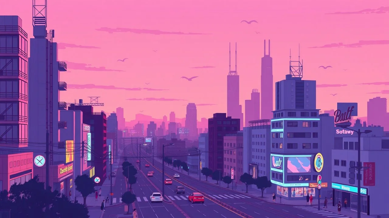 Create a high-resolution, widescreen format vector illustration of a city at dusk in a synthwave, vaporwave style with a city pop aesthetic. The image should have a dreamy, city-pop, pastel pink aesthetic. Focus on using pastel, gentle pink colors. Use a modern anime style and illustration style that is an anime style of the early 2000s so that it has a nostalgic feel. The image should have a fun, delightful city pop aesthetic. The image should have a cartoon-like, city pop appearance.