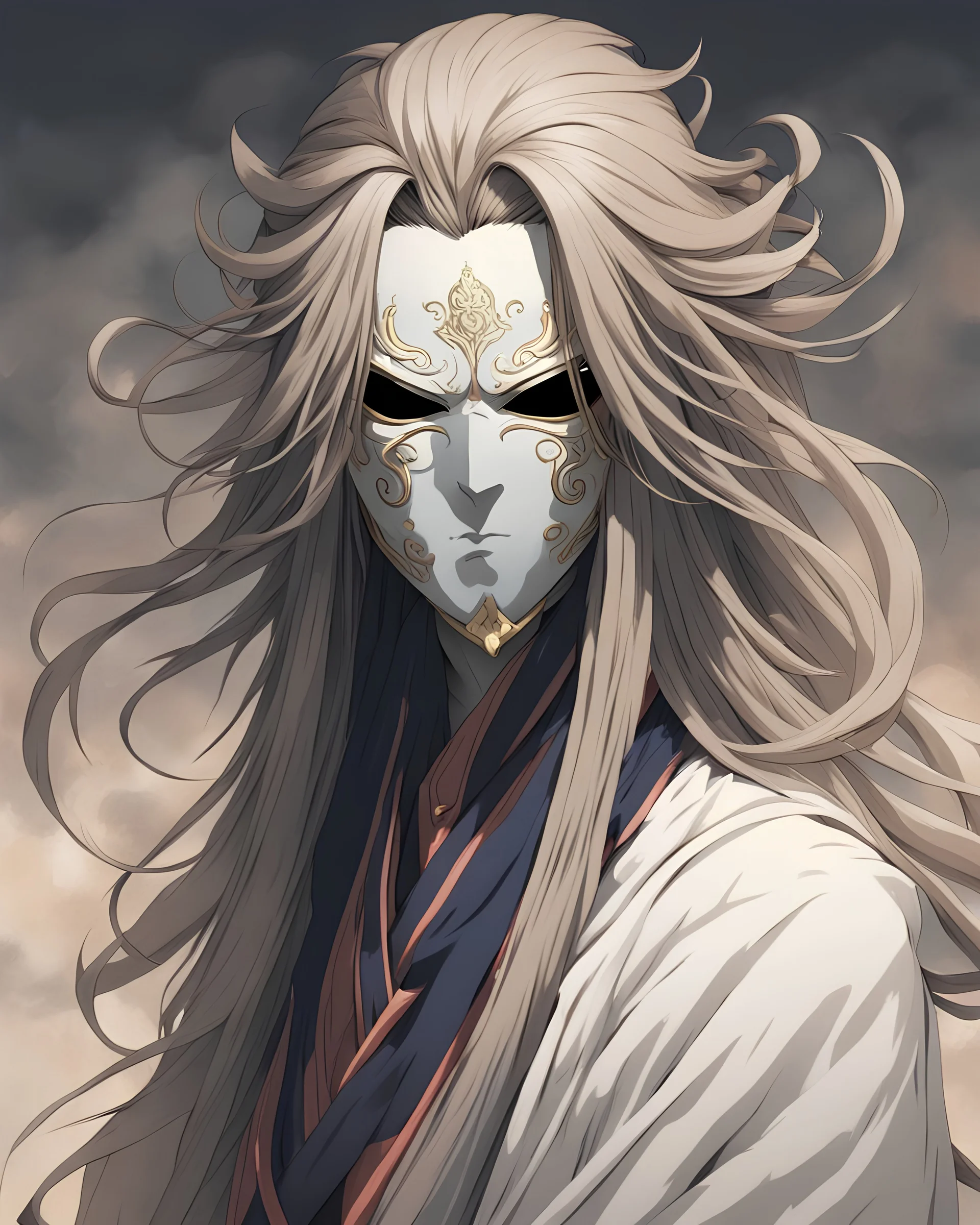 portrait of an anime deity with long hair and face hidden behind a mask or cloth (facing right and image length should be till shoulder level)