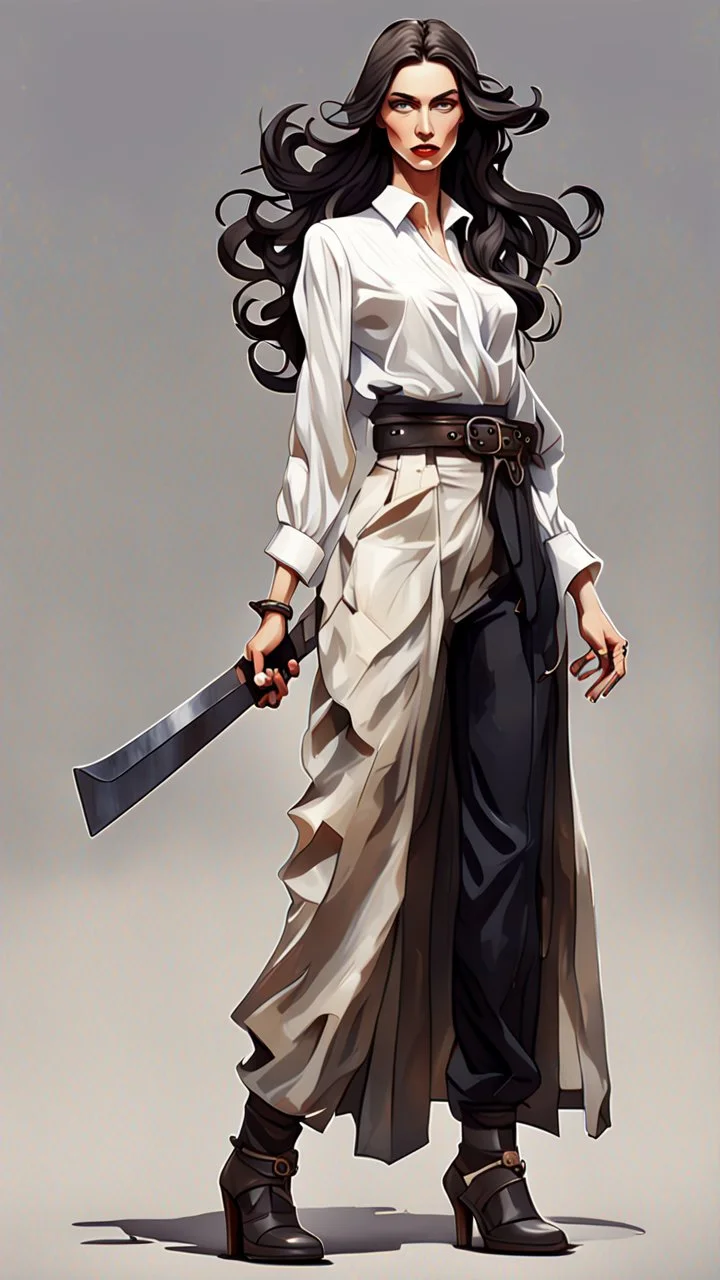 Full body character design, athletic Ukraine female with black wide leg pants, white blouse, face made of a Greek sculpture style , long hair, holding a trench cleaver, flat leather pouch on belt, thick heeled shoes