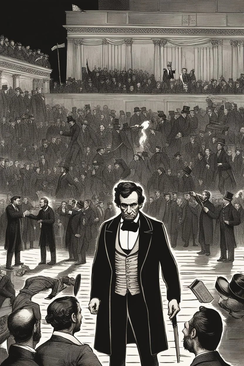 Create a powerful visual representation of the moment Booth fires a single shot into the back of Abraham Lincoln's head. Convey the shock and chaos among the audience as the gunshot reverberates through the theater