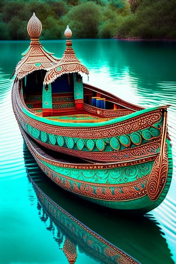 A magnificent handcrafted traditional Indian boat gently floats atop the shimmering turquoise waters of a majestic river its slender body adorned with intricate patterns and vibrant hues showcasing the rich cultural heritage and artistic prowess of the land