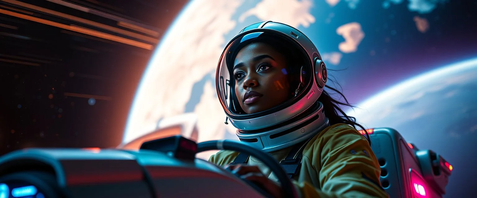 portrait, space race on mega vehicle, From the shadows, they rise, with a spark in their eyes, Ethereal echoes of a world we once knew, With the glam and the glamor, we reach for the skies, Cosmic rhythms pull us through, [Chorus] Suti came for our world, with the power to ignite, Dancing through the stars, we find our light.