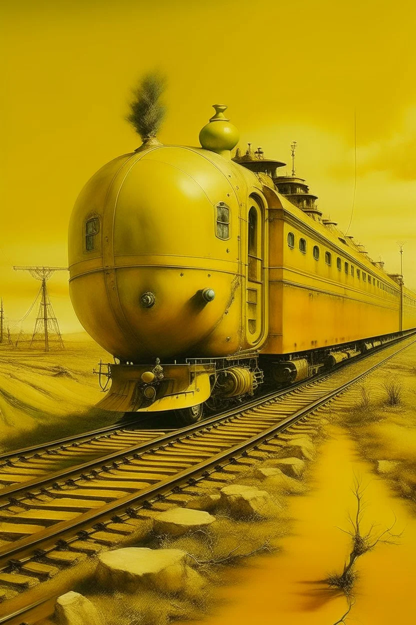 An orangish yellow clockwork station with a train painted by Salvador Dali