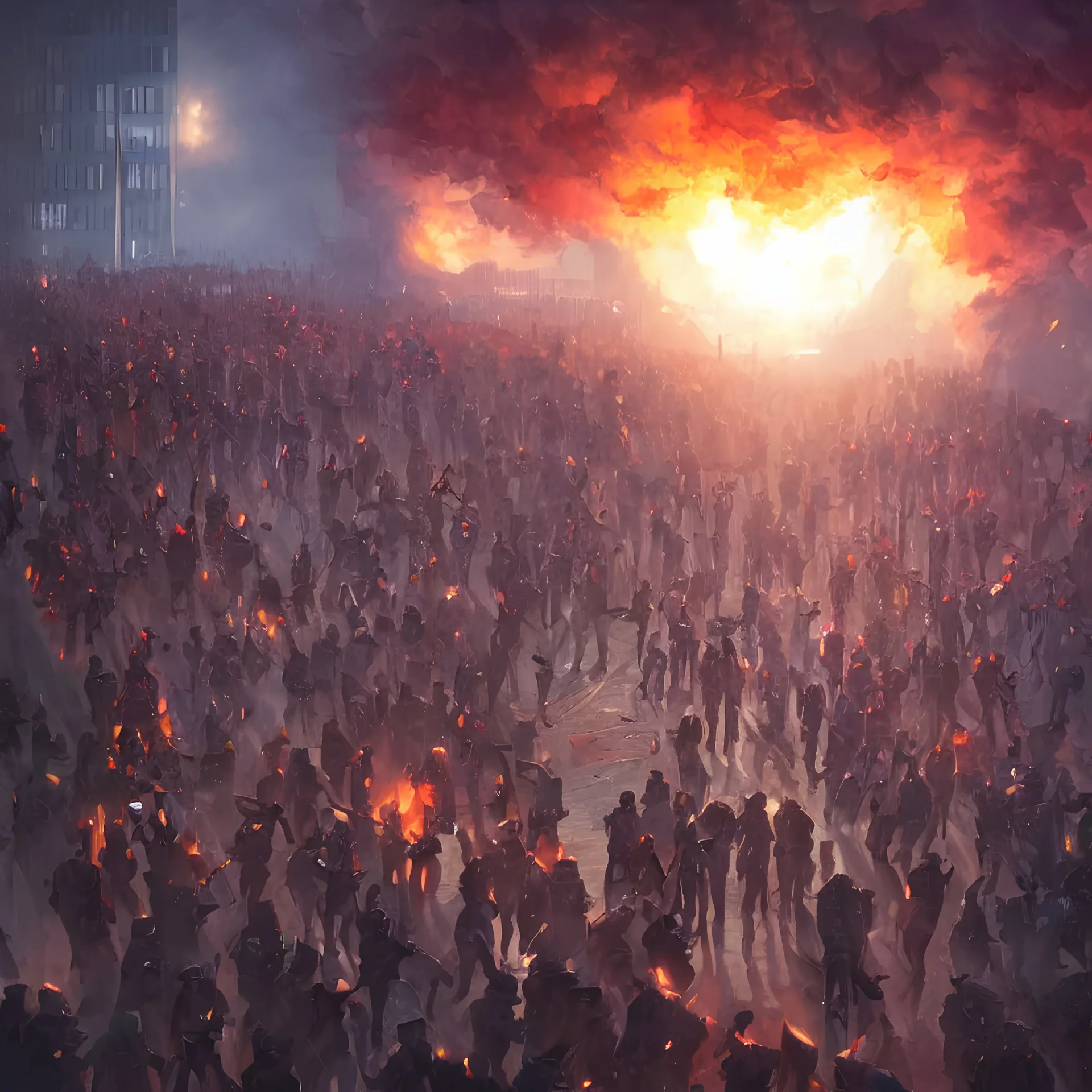 protesters marching, detailed digital illustration by greg rutkowski, fire, android netrunner, forced perspective