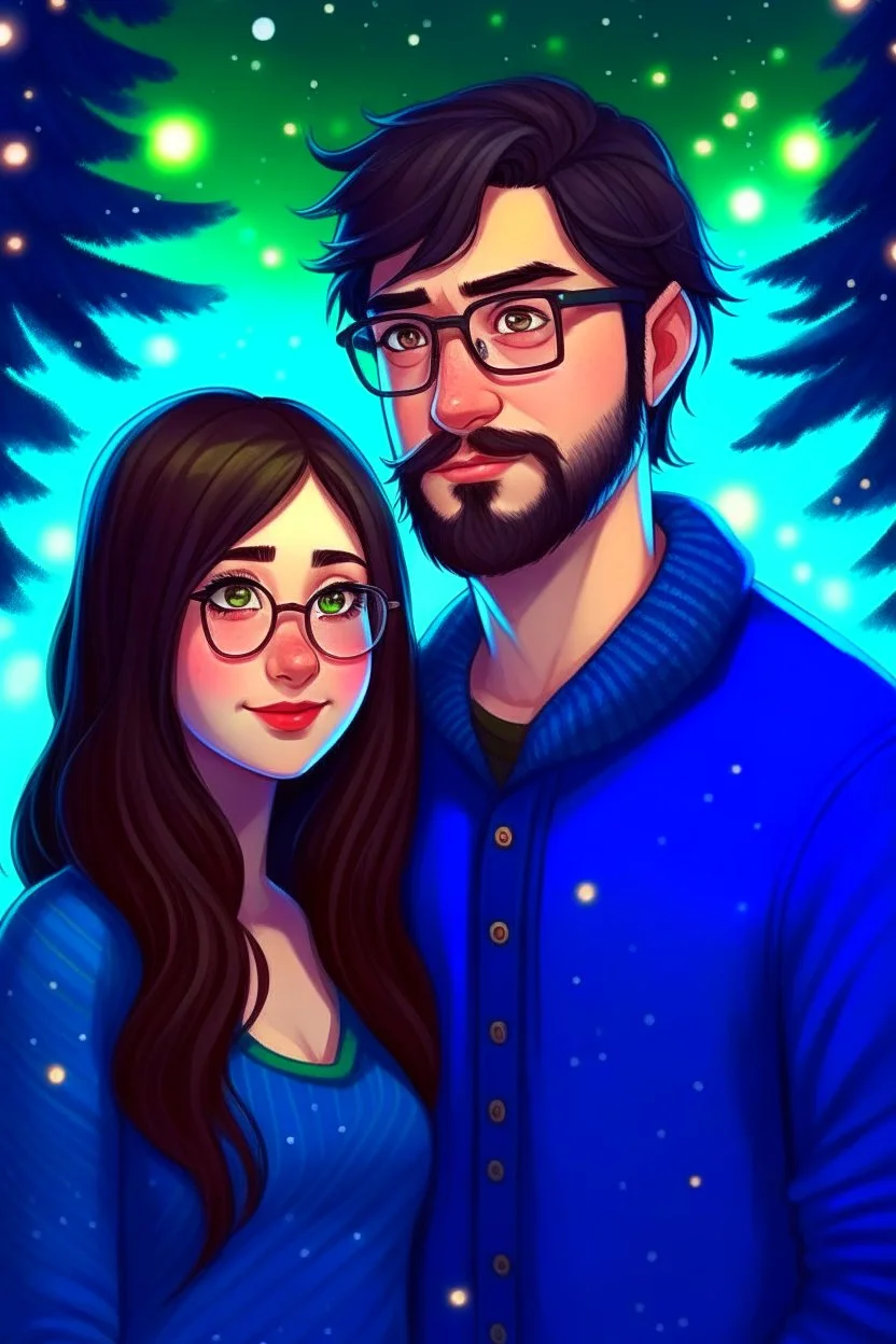 Christmas scene, dark haired couple, man with short black beard and glasses, woman with long hair and no glasses, blue eyes, young couple, graphic