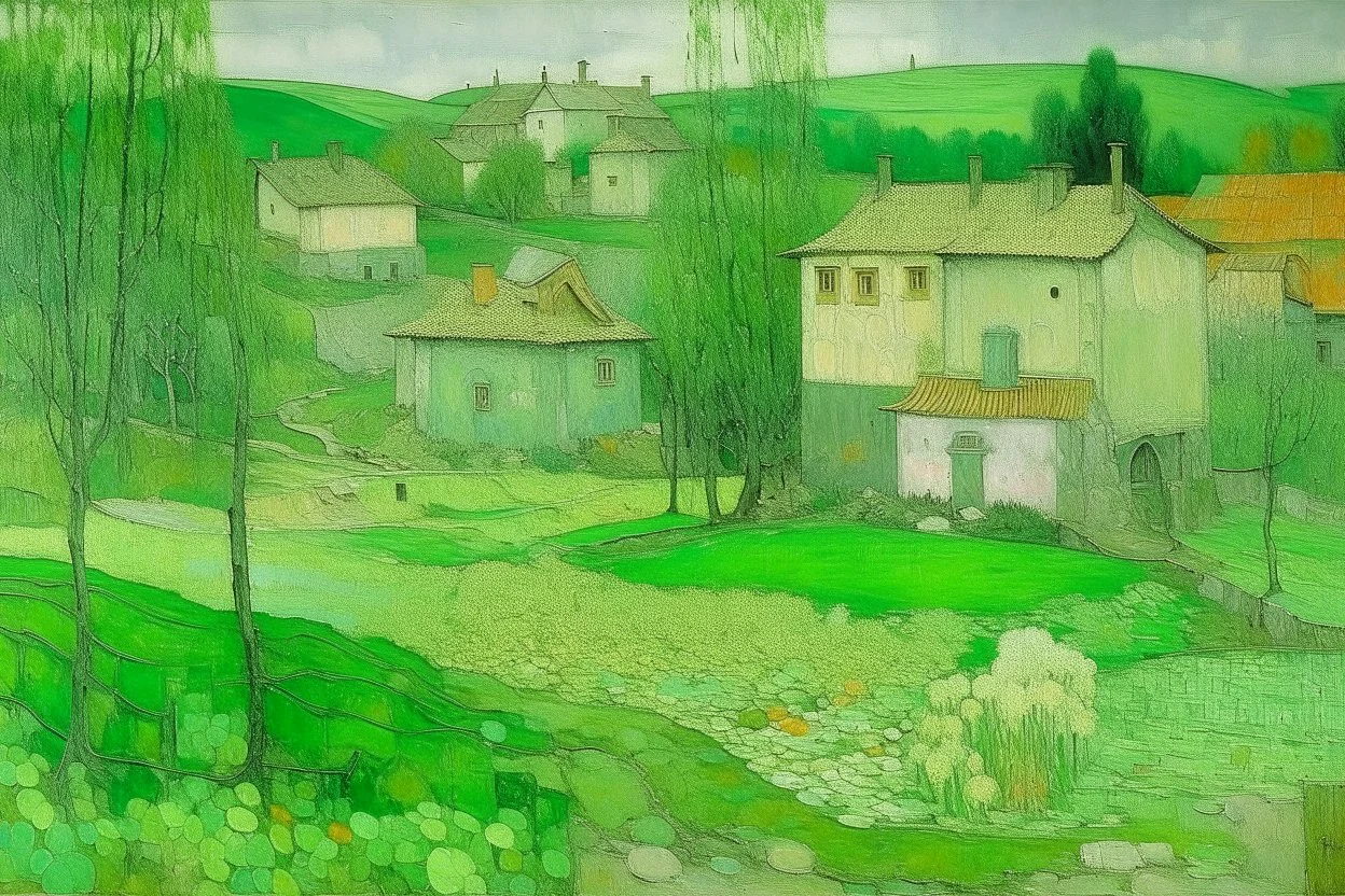 A light palish green abandoned moldy village painted by Gustav Klimt