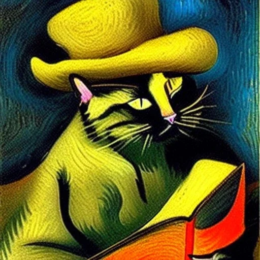 oil portrait of a cat with hat reading a book and smoking with wooden pipe by Van Gogh 8k