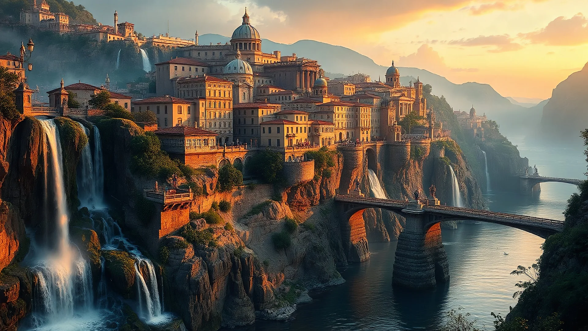 Create a serene Italian-style water canal city scene during the golden hour, with elements of fantasy, inspired by Dinotopia by James Gurney. The city is perched on top of cliffs, with waterfalls flowing downward out of the city's canals. Other waterfalls flow from above the city, and down cliffs into the city's canals. Bathed in the warm golden hour glow and shrouded in a gentle mist, the city is a masterpiece of classical Roman architecture carved into the cliffs. Elegant bridges adorned with