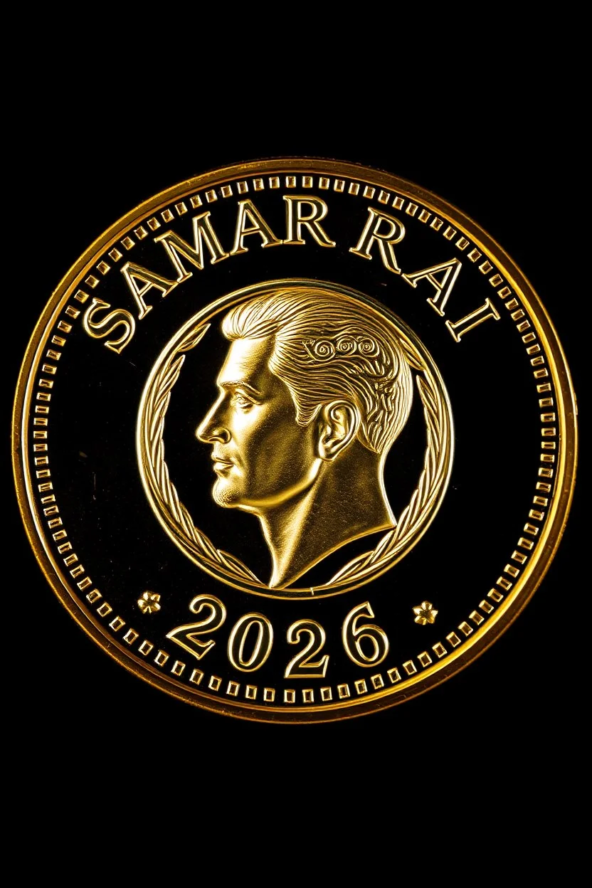 view of the word, SamarrraiAI 2026, on a golden , with picture of , man head in the middle of the coin