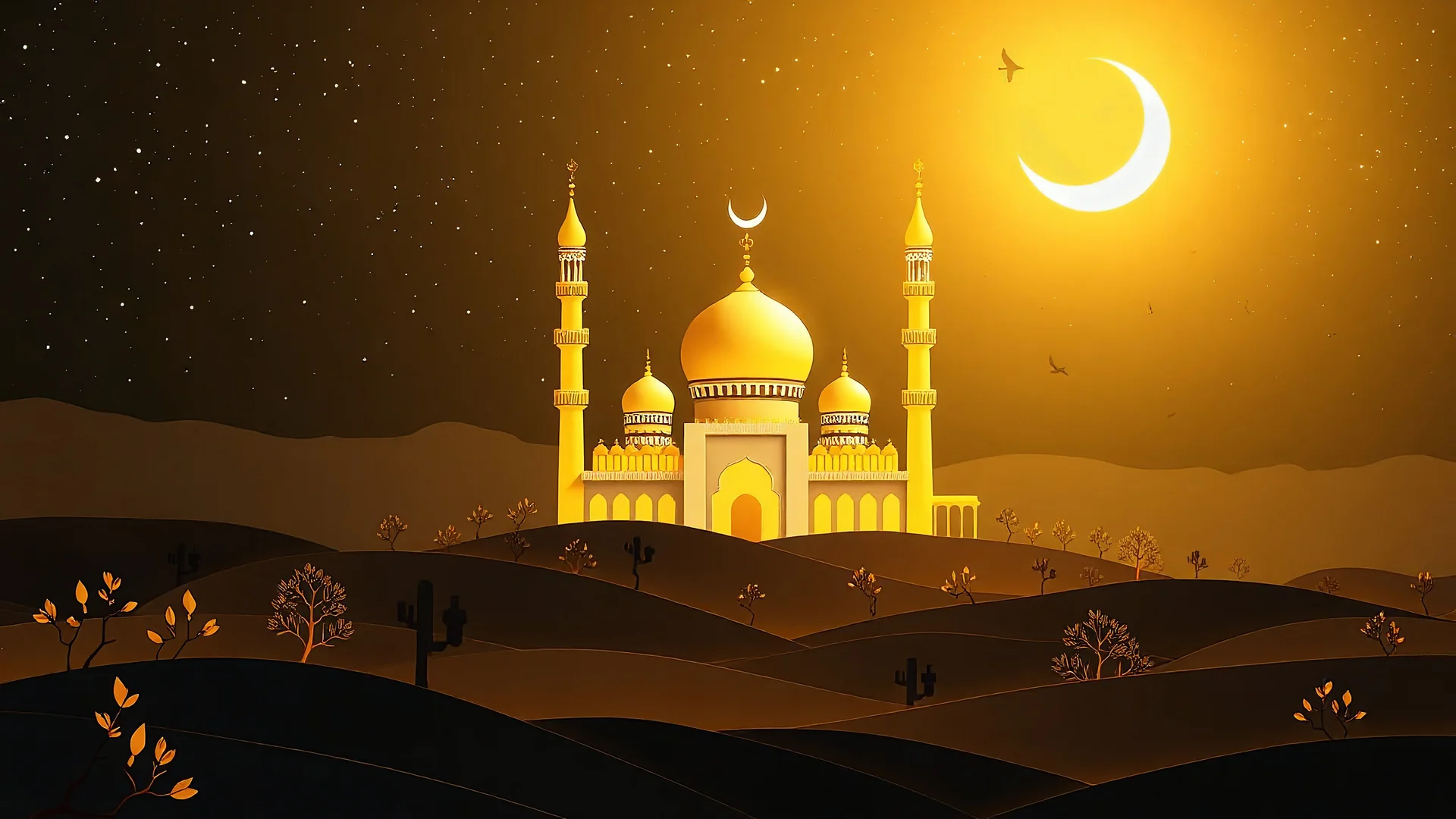 "A stunning, serene background featuring an elegant golden and white mosque with domes and minarets illuminated by a glowing crescent moon. The foreground showcases gently rolling hills with layered paper-cut-style designs, while delicate trees and birds add depth and harmony to the scene. The backdrop transitions into a starry night sky, blending soft shades of black and gold, evoking a tranquil and spiritual ambiance. Perfect for themes related to Eid, Ramadan, or Islamic architecture, this de