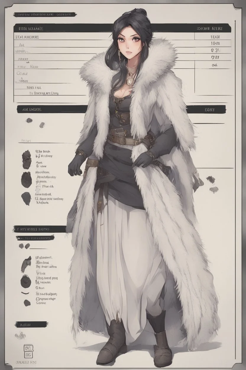 A dnd character sheet. A woman dressed for the cold north dressed in dark furs, with black hair