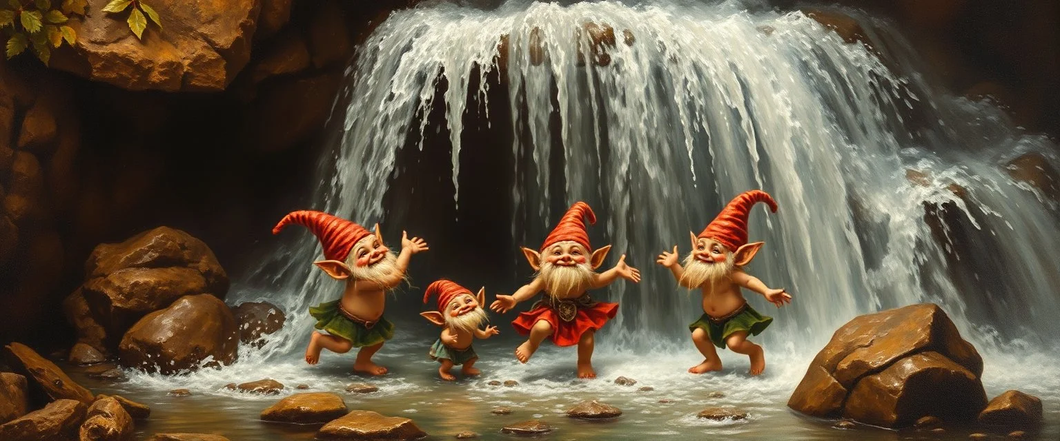 master oil painting by Rembrandt,cute trolls dancing inside waterfall