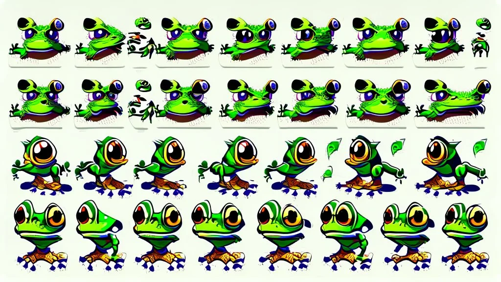 game sprite sheet of 30 images of a young and stylized frog, view from six different angles covering 360°, collection sheet, digital art