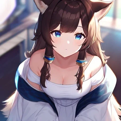 Clear focus, High resolution, Long fluffy brown hair, blue eyes, wearing a white skirt, detailed outfit, wearing a jacket oversized off shoulder, rough line, hair above ears, dog ears, off shoulder white shirt, chopped bangs, parted hair, medium locks