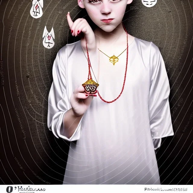 Realistic photo Russian shorthair tomboy with symbol of the king of evil amulet on the neck boyish face men's look boys face boylike in lacy girlish nightgown in girlish room with amulets symbol of the king of evil on the wall of the lord of evil and the king of the underworld of evil forces