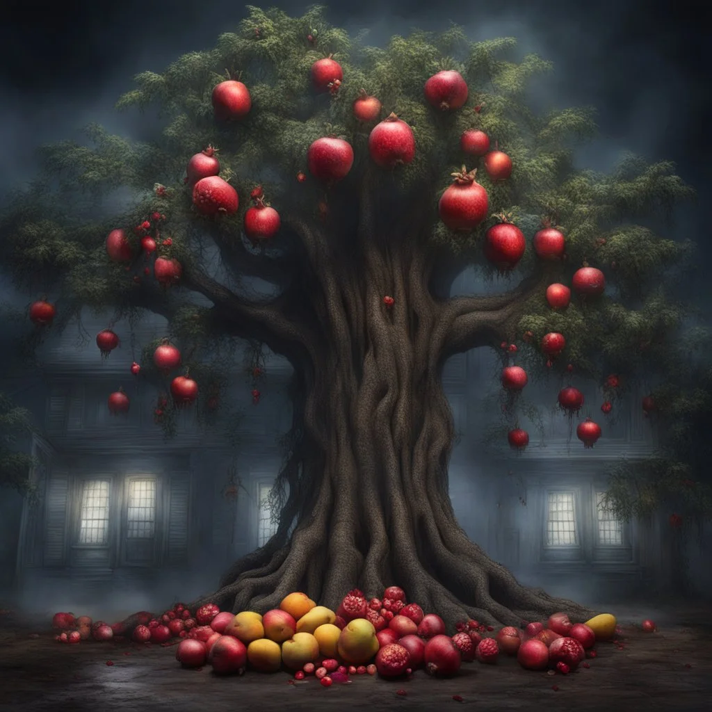 Hyper Realistic massive huge tree with pomegranate & mango fused fruits outside a haunted house at thick fogy night