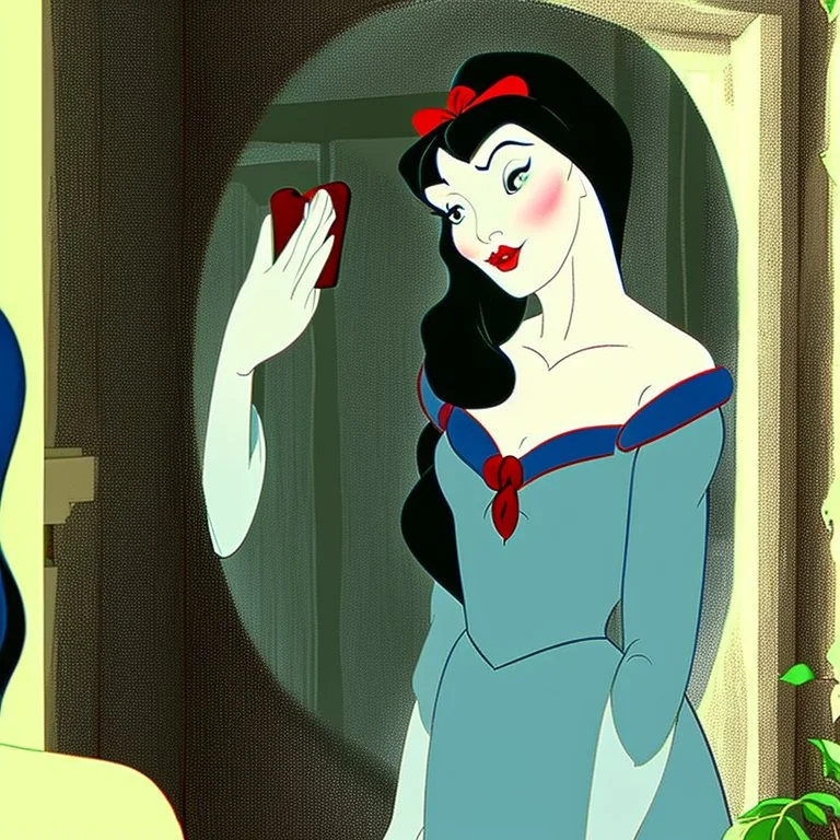 Snow White's stepmother stands in front of the mirror and asks a mirror, a mirror on the wall, who is the most beautiful of them all? From the mirror she sees a picture of an ugly and disgusting witch