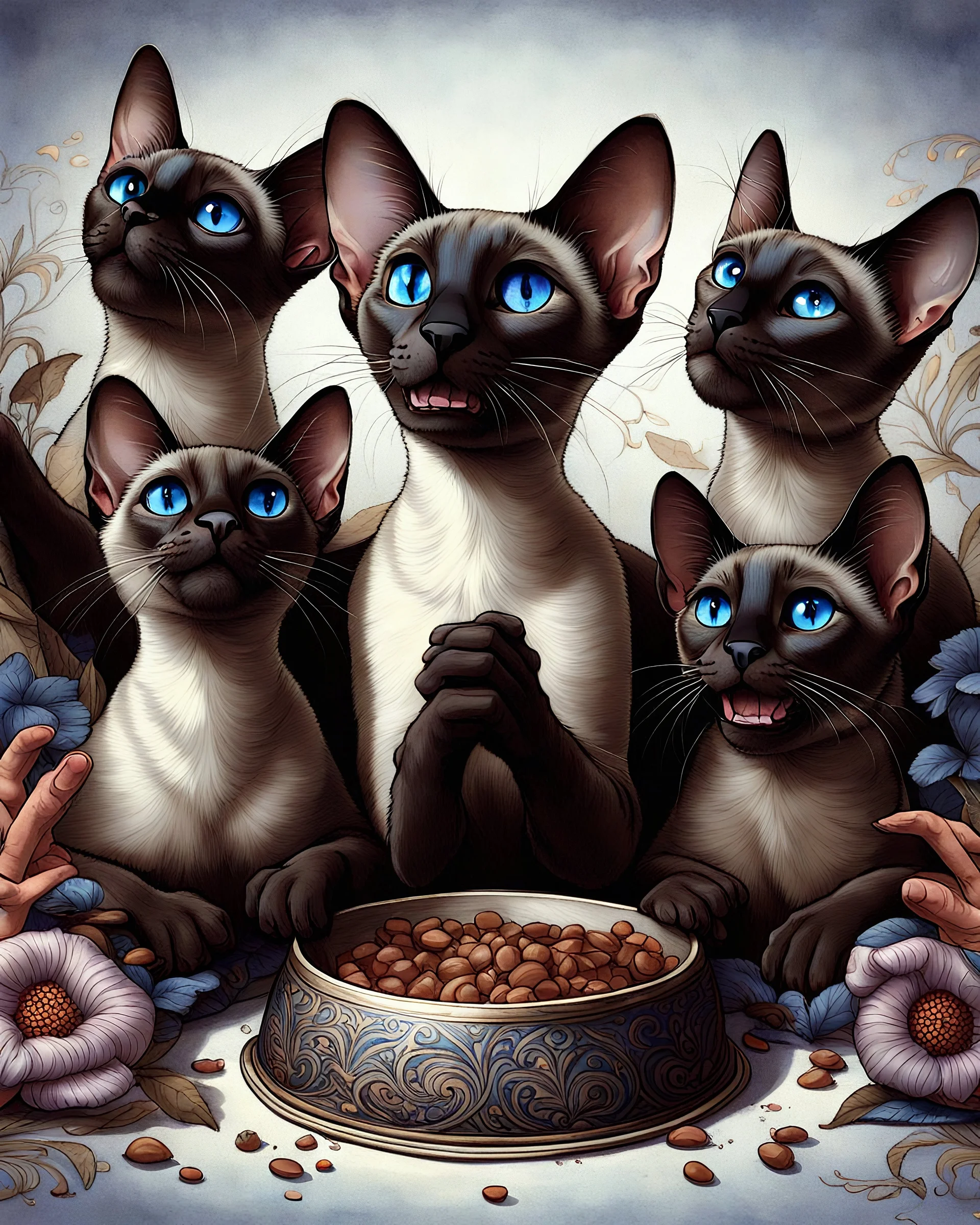 Pleading Oriental shorthair chocolate point Siamese cats with blue eye.The family pets. The drama queen. "Hey! Hey! There's a problem. Over here! Right here! It's my food dish! What do you mean, so what? It's completely empty! I'm starving! I'm skin and bones!"Modifiers:extremely detailed fantasy Arthur Rackham Gothic whimsical Andrea Kowch Daniel Merriam Kevin Sloan alcohol ink Magritte Esao Andrews Kate Leiper Dream pen and ink Graham Bruce Richards Crackling lightning inca