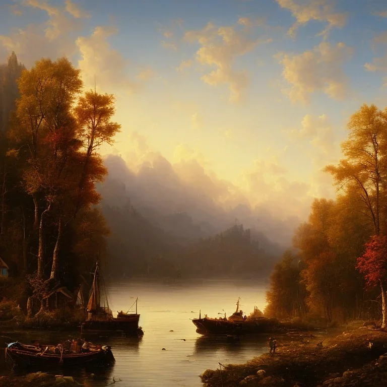  8k, detalied, hudson river school, mountains, river, atmospheric perspective, victorian house