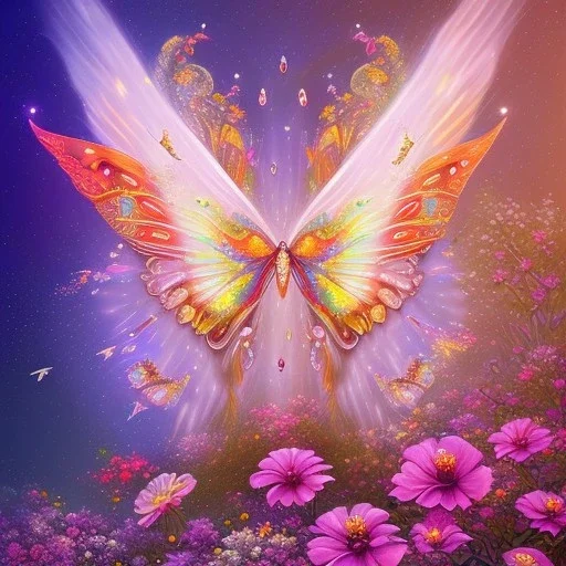 A world full of shimmering butterflies with spread out wings and light, graceful movement. This land is beautifully colored and surrounded by a picturesque landscape with trees, flowers, and singing birds. The butterflies are visible against the background of this peaceful, harmonious world.