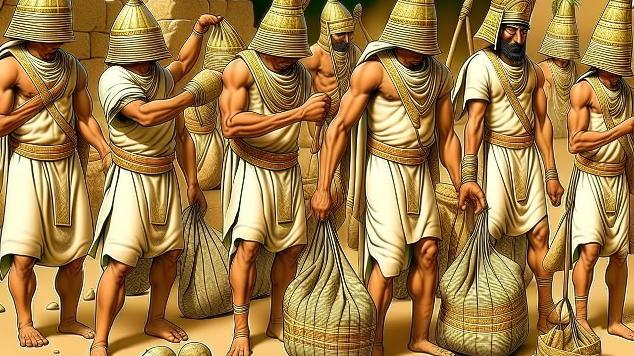 Ancient Egyptian soldiers tying large bags