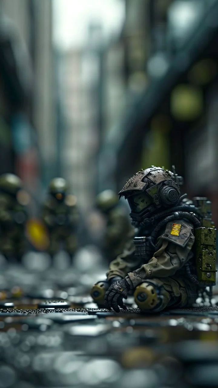 aiming on one knee, mask, sci-fi visor, bald head, armed figure, weapon in hand, aiming, plate armor, insulated armor, spacesuit, lots of small details, sci-fi movie style, on a ruined city street, overcast, photography, bokeh like f/0.8, tilt-shift lens 8k, high detail, smooth render, down-light, unreal engine