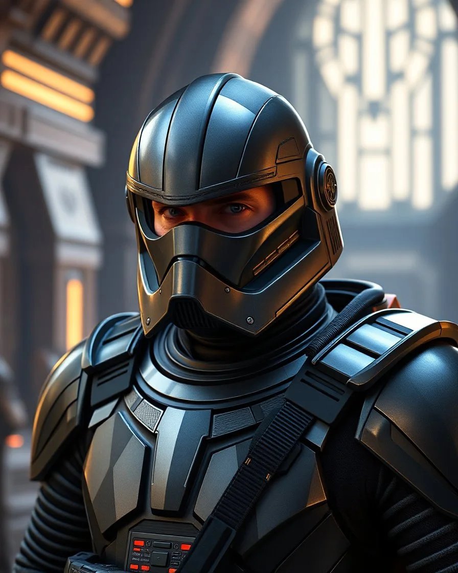 star wars bald male corellian pilot wearing pearlescent black and gunmetal grey First Order special forces heavy assault stealth commando armor and helmet with mirrored visor and gold and metallic red trim inside the jedi temple, hyperdetailed, dynamic lighting, hyperdetailed background, 8k resolution, volumetric lighting, light skin, fully symmetric details