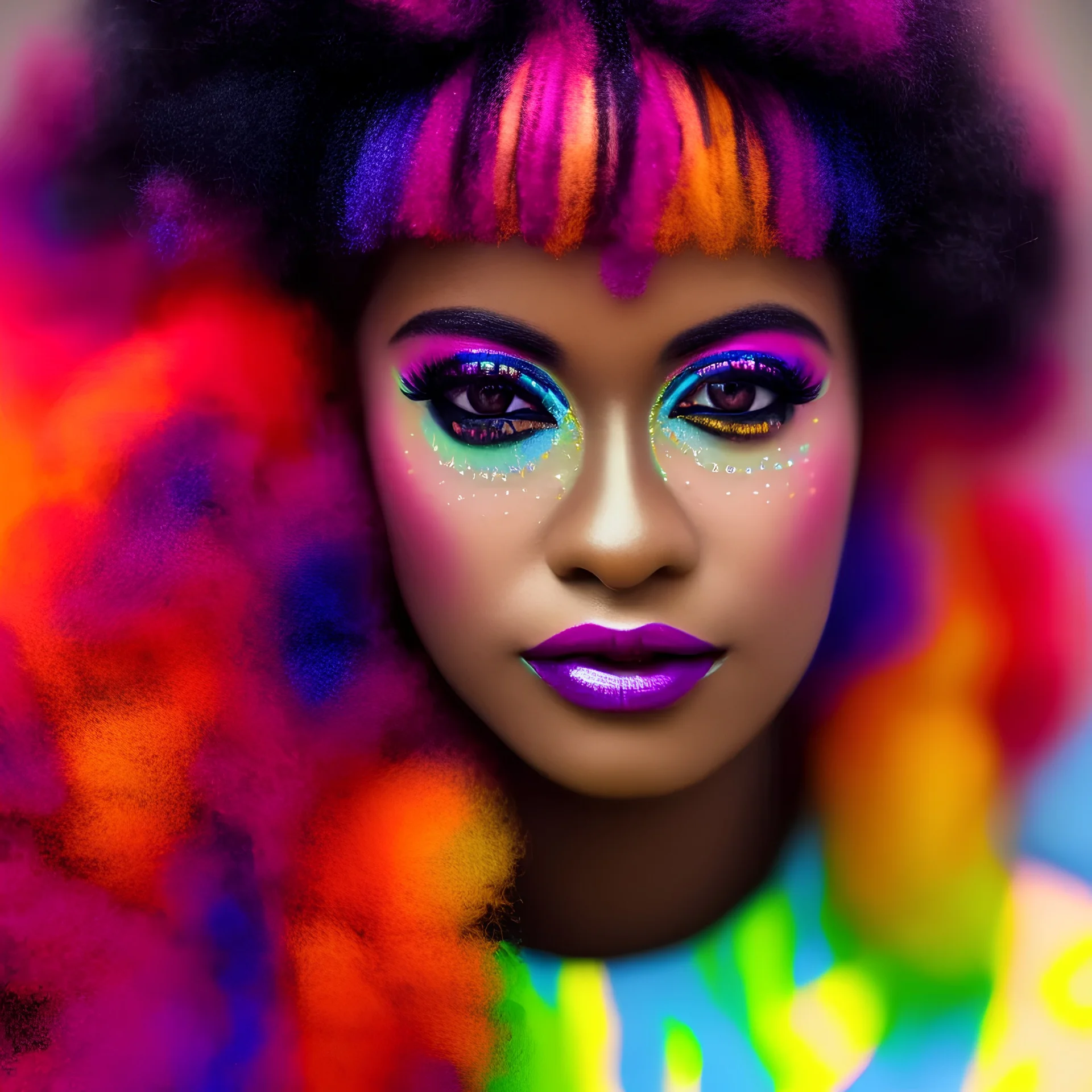 full body shot, masterpiece, best quality, family of three, black skinned, sparkling eyes, fluorescent skin, colorful makeup, afro, highly detailed body, afrofuturism, scifi, sun light, 4K, RAW, depth of field, high contrast, realistic details, 24mm