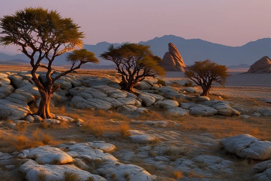 Dry trees, night, arid land, vegetations, rocks, little river, mountains