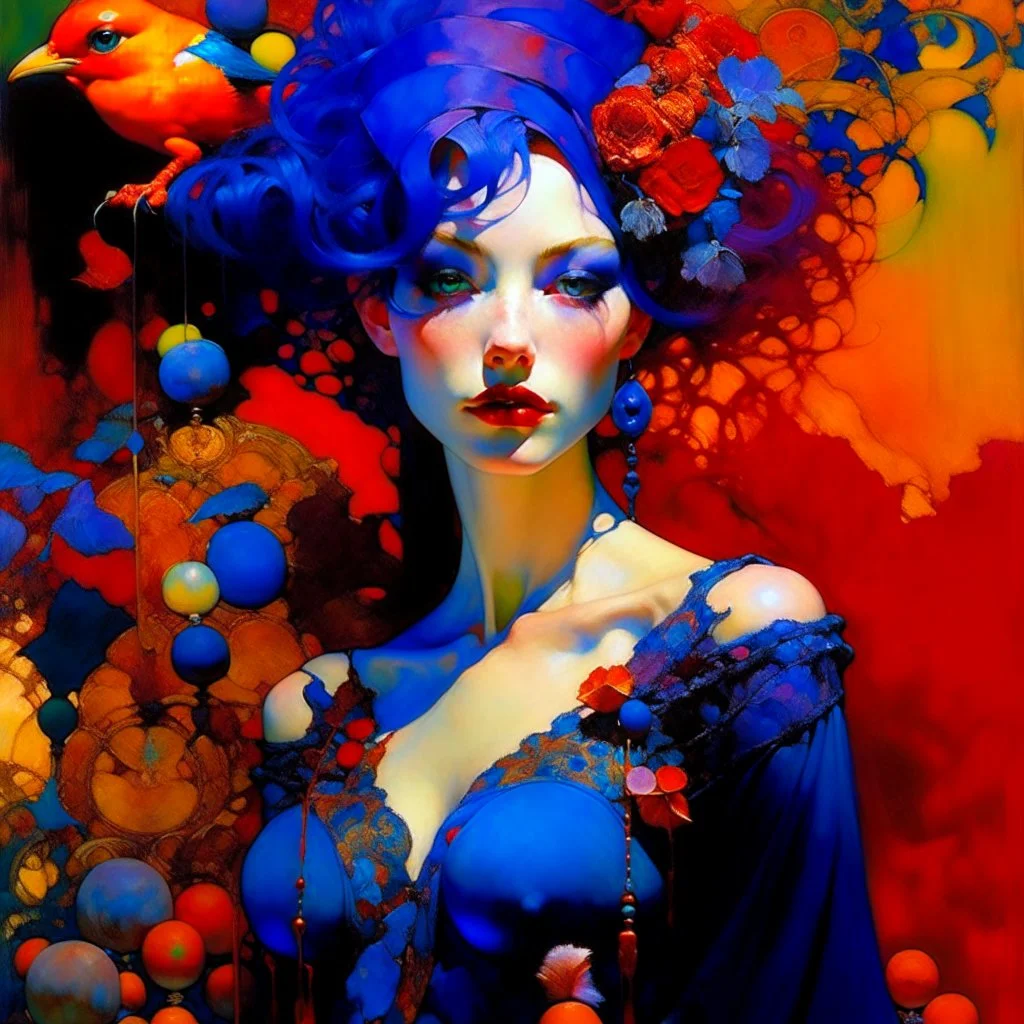 Art by Alice Rahon, Richard Burlet, Odilon Redon, Raymond Swanland, Andrey Remnev, Conrad Roset; Rebellious ravishing girl Rachel, regal in royal blue and ribuli, roaming through the radiant realm of the rainbow river valley with her ruby colored hair, meets a rare raven in a rolling hills of resplendent roses and rustling reeds, under a riotous reflective hues sky.