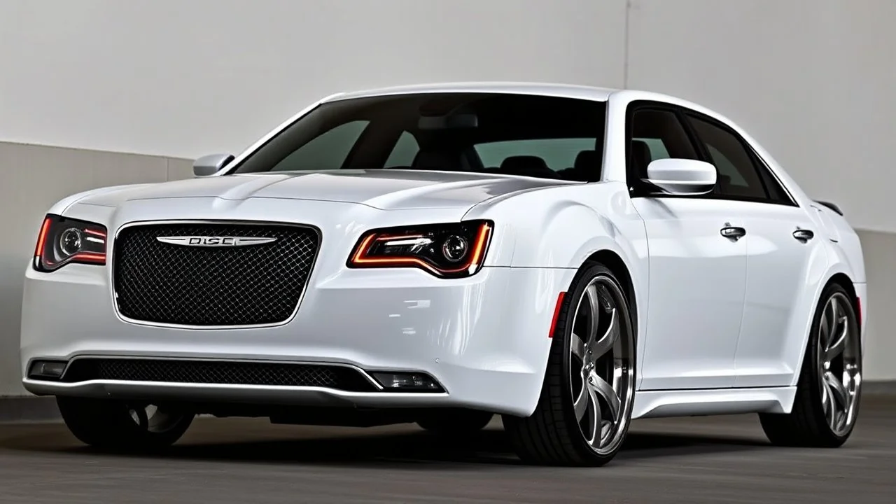 "A sleek white Chrysler 300 with custom LED headlights and smoked taillights, featuring a mesh grille in chrome with black accents. It has a subtle carbon fiber ducktail spoiler, sitting on 22” multi-spoke concave wheels in brushed silver. The suspension is lowered slightly for a more aggressive stance, while the body is painted a glossy black. The interior boasts custom leather upholstery with ambient lighting for a refined, luxurious look."