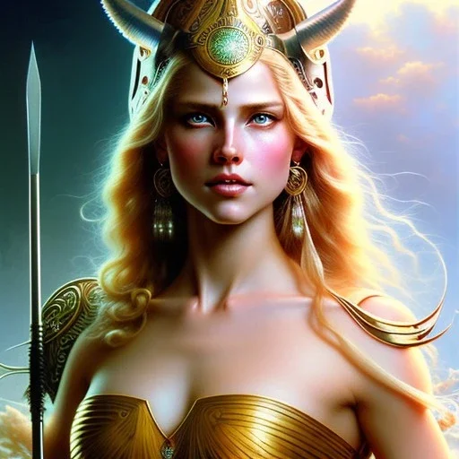 portrait 'beautiful Sexy busty Blonde Sif',long hair,horned helmet, celtic tattoed,crystal clear green eyes,painting by gaston bussiere, greg rutkowski, yoji shinkawa, yoshitaka amano, tsutomu nihei, donato giancola, tim hildebrandt, oil on canvas, cinematic composition, extreme detail,fit full head inside picture,32k