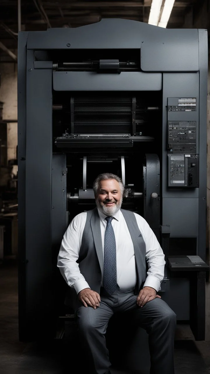 full figure shot photography of an italian smiling strong massive big chubby 50 year old man in smart gray suit, manly chest, unbuttoned shirt, short beard, shirtless, printer in an old printing house, next to a huge old printer, dim light, side light, ambient occlusion