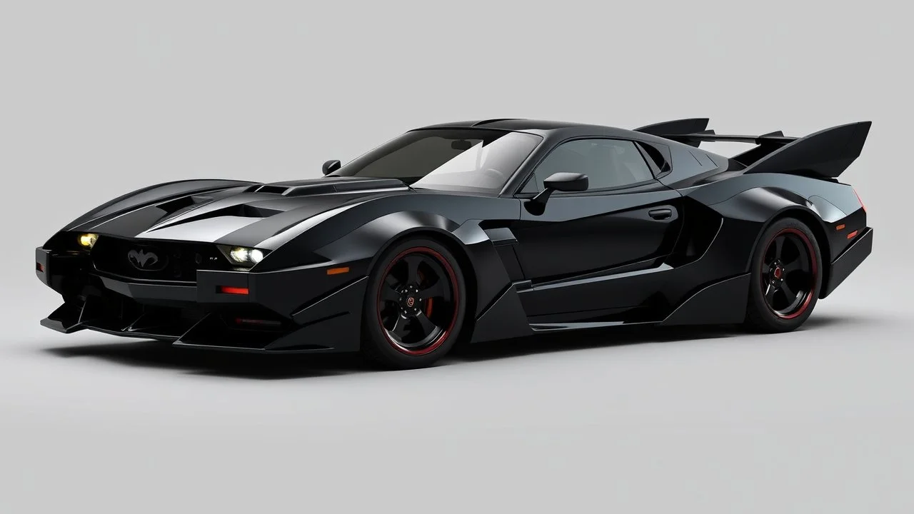 an all new batmobile based on all of the batmobiles including the 1989 batmobile, the batman and robin batmobile and a little from a new ford mustang, black