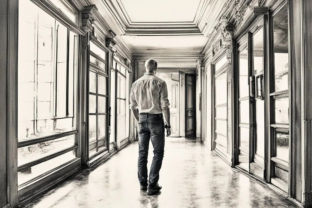 man in jeans and a shirt, back to the camera, standing in a row of doors, looking out through a doorway