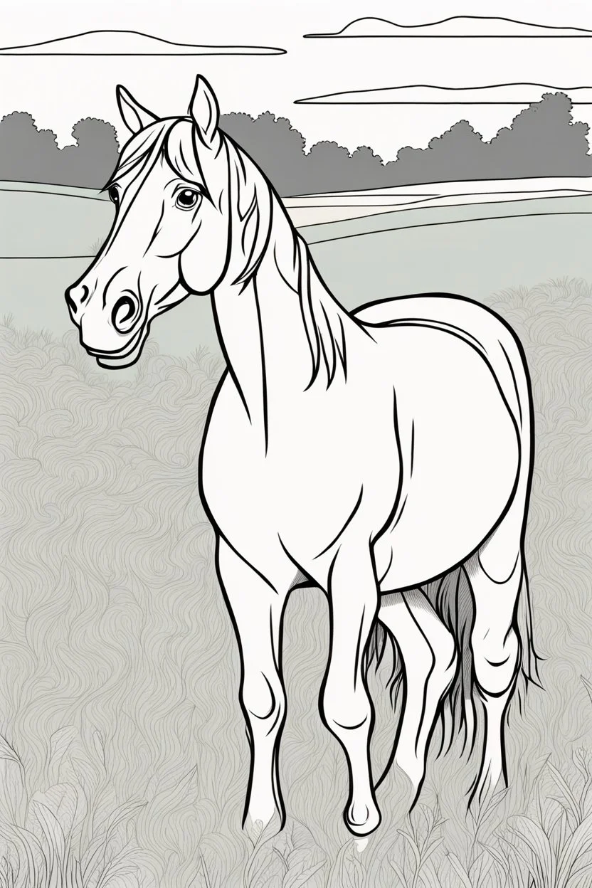 coloring page, horse in a grassy meadow, cartoon style, thick lines, low detail, no shading