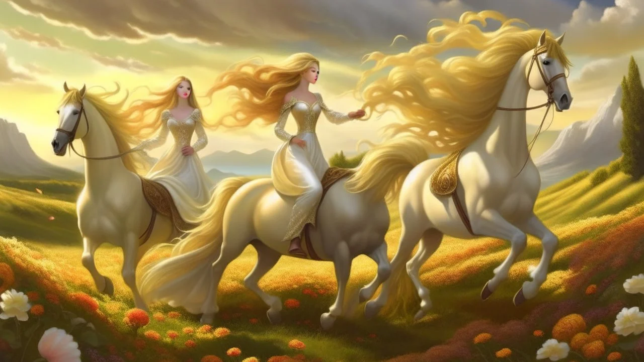 Fantasy digital art: fairies with golden hair, and white dresses descend from fluffy clouds towards a meadow with brown horses