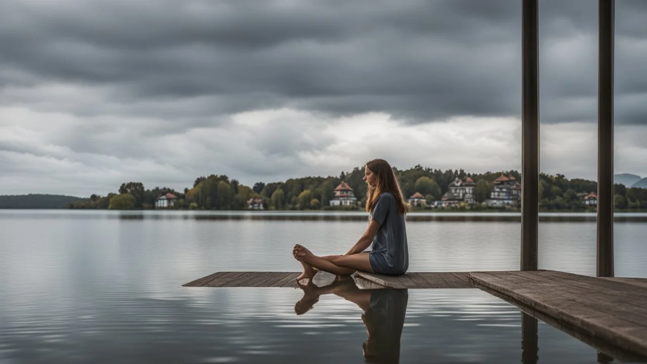 Woman sitting on a jetty with her feet in the water of the lake, in the background you can see a house of modern architecture that is reflected in the lake, the sky threatens storm