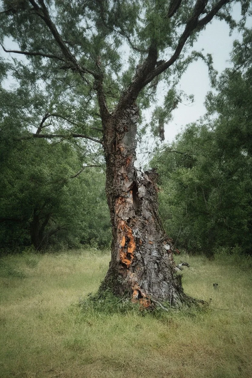 a blurry, distressing, haunting image of a tree torn in half