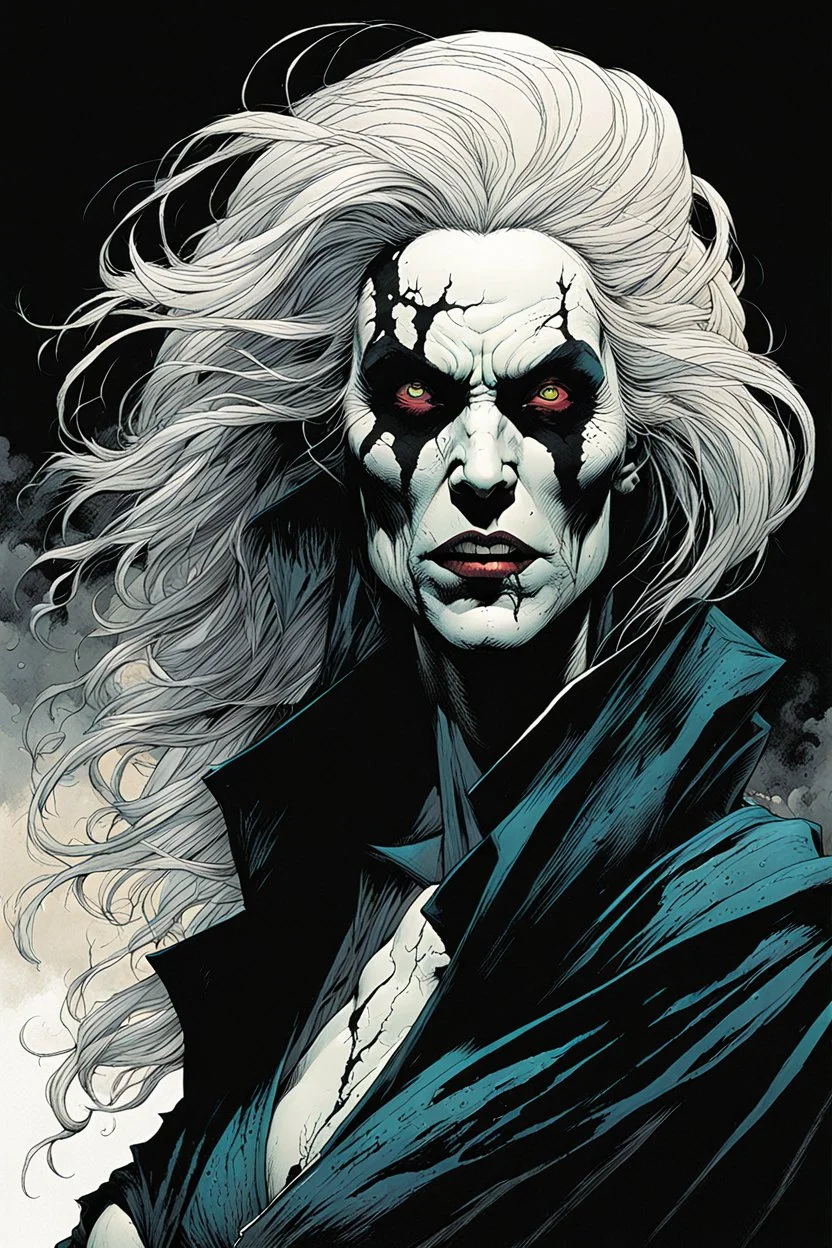 create a terrifying, ethereal, otherworldly gaunt and withered ancient female Bruxa vampire , in the comic book art style of Mike Mignola, Bill Sienkiewicz, John Romita Jr., Leonardo Romero, Simone D'ARMINI, and Jean Giraud Moebius, with highly detailed and sharply defined feminine facial features , finely penciled and inked , dramatic natural lighting