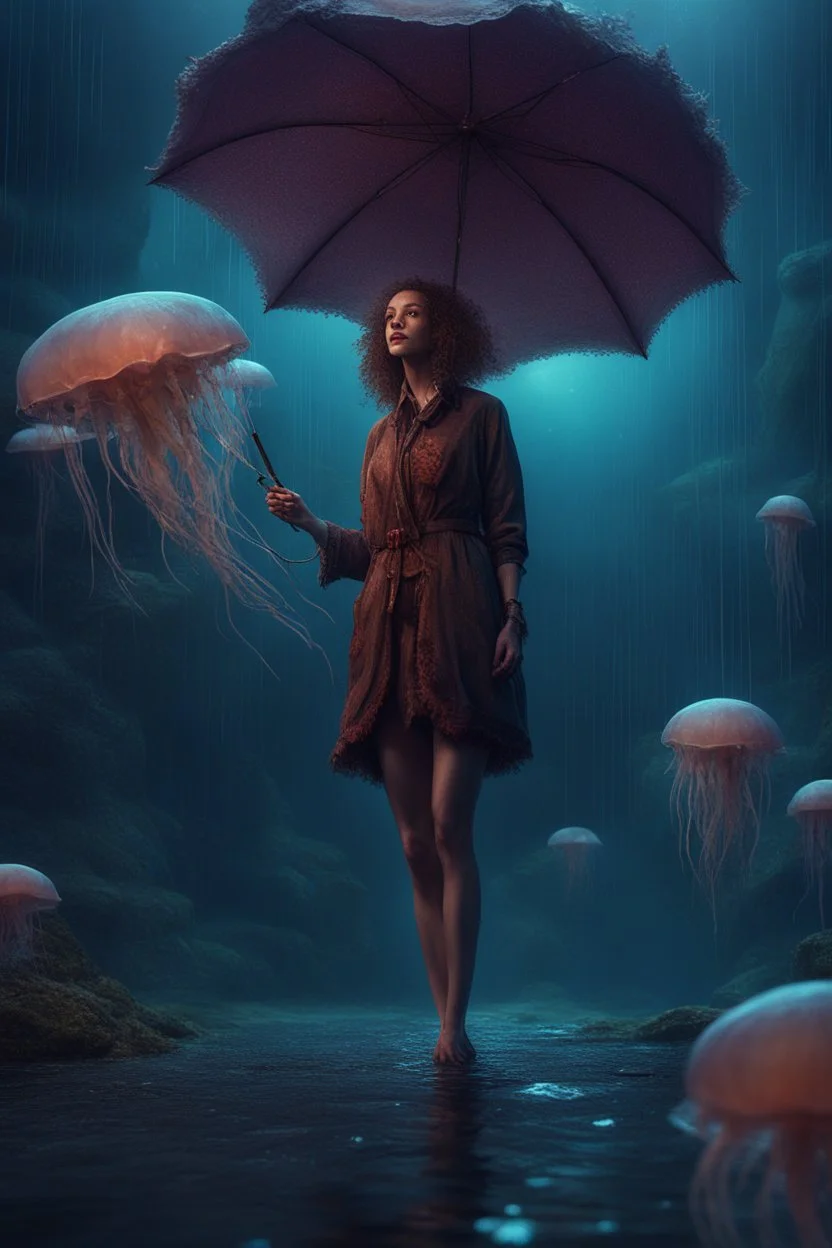 tall slim woman in ragged clothing, in an underwater scenen, holding an umbrella made from a jellyfish, raining, detailed matte painting, deep colour, fantastical, intricate detail, complementary colours, fantasy concept art, 8k resolution, Unreal Engine 5