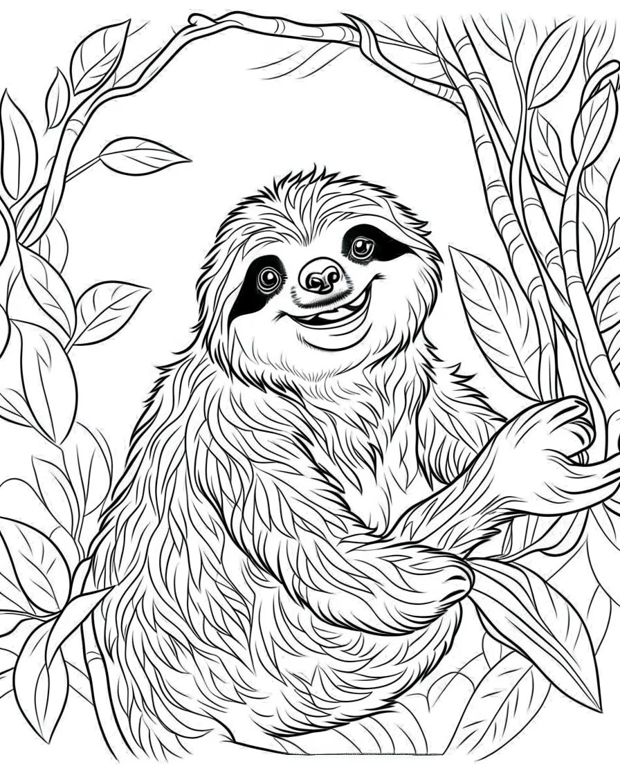 create a 2d black outline, "safari smiling cartoon sloth on a branch coloring book for kids", coloring page, low details design, black contour, coloring page design, simple background, colorful , card style, coloring page for kids, white background, sketch style, safari landscape, cartoon style