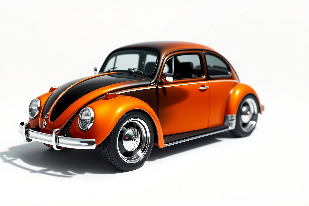 volks wagen beetle , top model, paint shining orange and black, big wheels, aerodinamic kit, rendering pixar style, tiny fashion