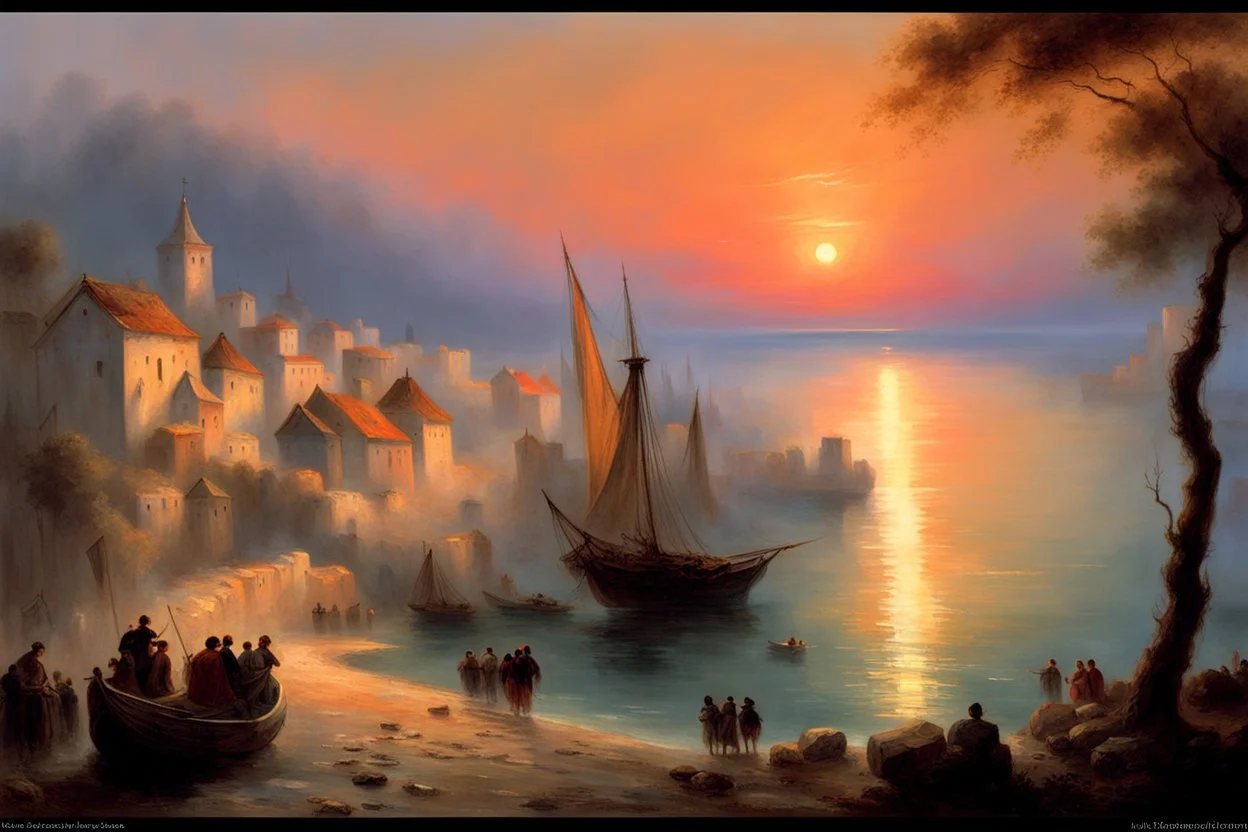 a medieval town by the sea at sunset by artist "Ivan Constantinovich Aivazovsky"