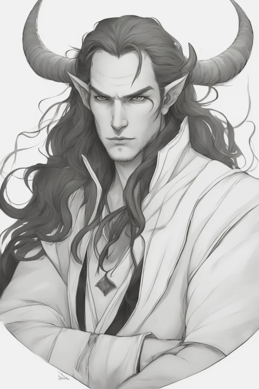 A dnd character portrait, a tiefling man with long hair and long black horns, white eyes and pale skin. Handsome.