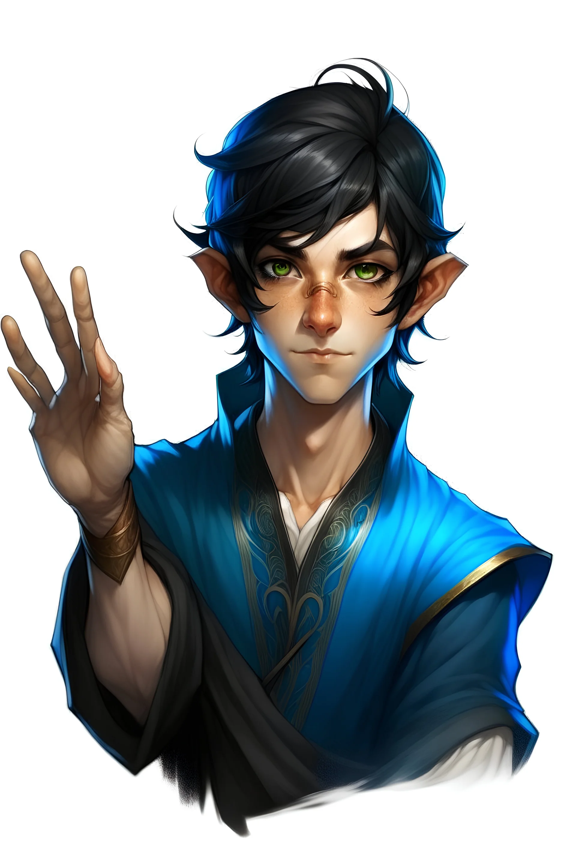 a young half elf man sea sorcerer black hair, small pointy ears and blue eyes. Doing finger guns