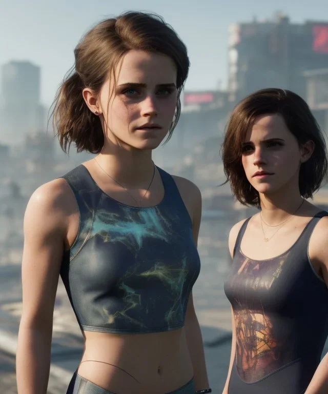 Emma Watson, full-length, in a swimsuit, cyberpunk 2077, photorealistic illustration, 16k