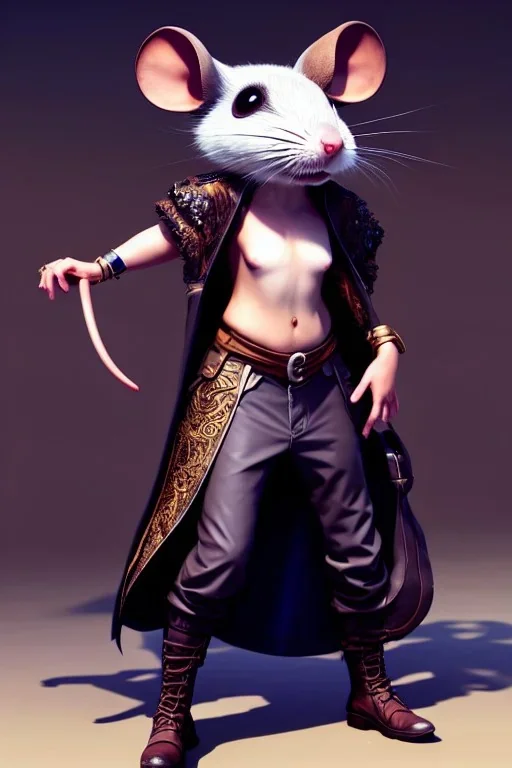 full body concept, very fine art oil painting of a cute anthropomorphic mouse thief with a very beautiful face wearing full intricate clothing, ultra detailed, octane render, 4K, dystopian, micro details